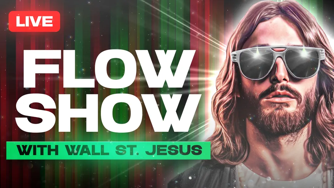 Flow Show stream card: Wall St. Jesus in mirrored sunglasses beside the show title, over a wall of red and green candles.